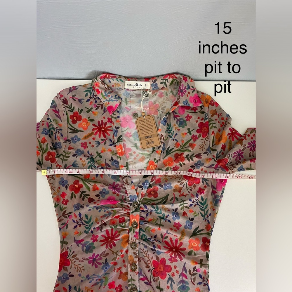 Natural Life Boho Mesh Floral Blouse | Carina Long Sleeve Ruched Top - Picture 6 of 8